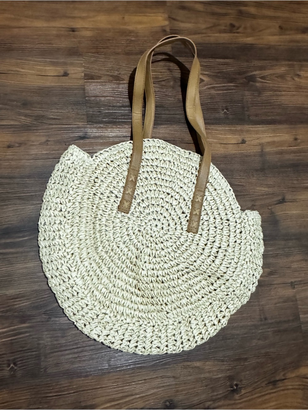Woven Round Straw Tote Bag with Tan Leather Straps